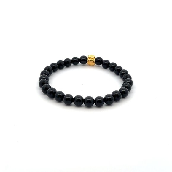 18K Gold Money Bag Onyx Gemstones 6mm Lucky Charm Elastic Bracelet Size 6" - Picture 3 of 5